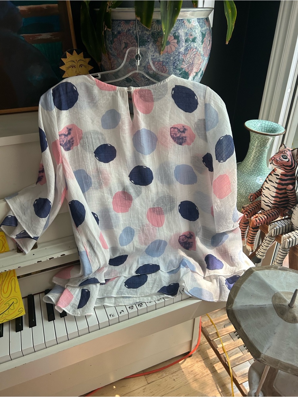 Red Coral Womens Small White Pink Blue Polka Dot Layered Blouse Boho Artsy Top - Picture 11 of 16